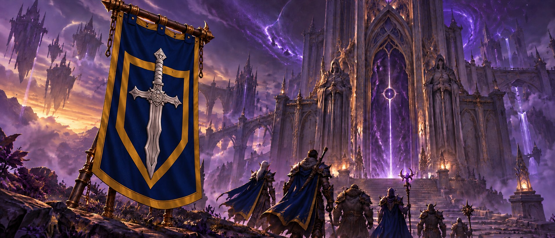 Midgnight Season 1 Das Wahre Tribunal – Midnight-Saison: Gildenbanner vor violett leuchtender Festung